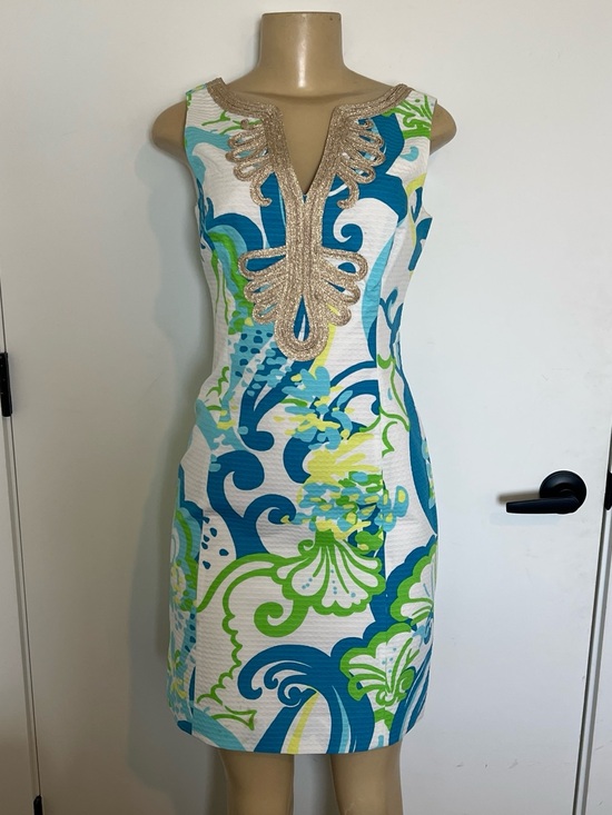 Lilly Pulitzer Dresses & Skirts - Lilly Pulitzer Blue, Teal & Lime Printed Sleeveless Dress with Gold Trim